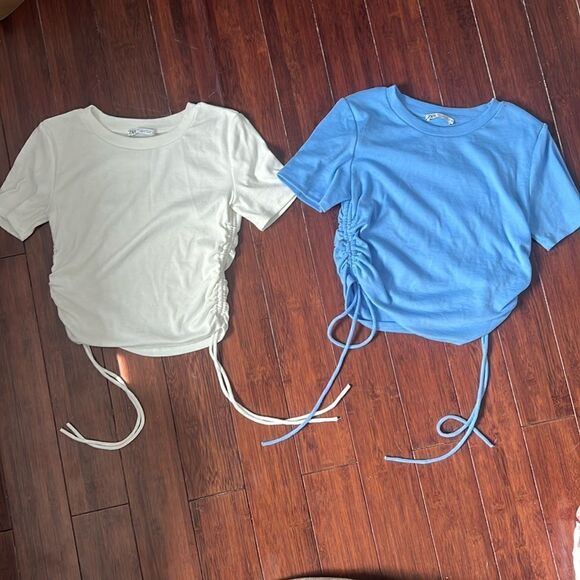 Zara Ribbed Cropped T Shirts - 2 Pack - White & Blue *Medium & Large - NEW - Picture 1 of 6